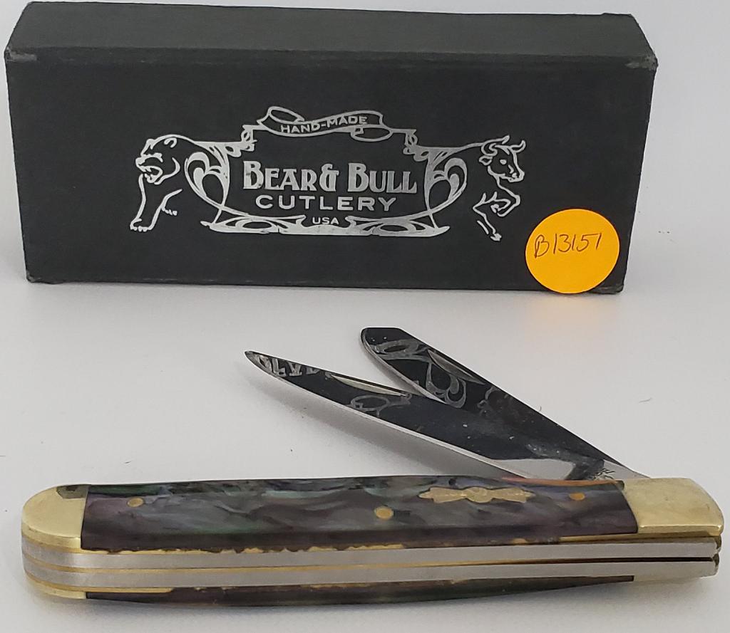 Lot of 2 Folding Knives Pride Cutlery/ Bear & Bull: Up Next are 2 nice Knives, This 1st is a Pride Cutlery Dreamy Abalone 4 Inches Closed Trapper Pocket Knife, Pride Cutlery 440 Stainless Steel, Folding Knife, 2 Blades Dreamy Abalone Design, Very Sharp