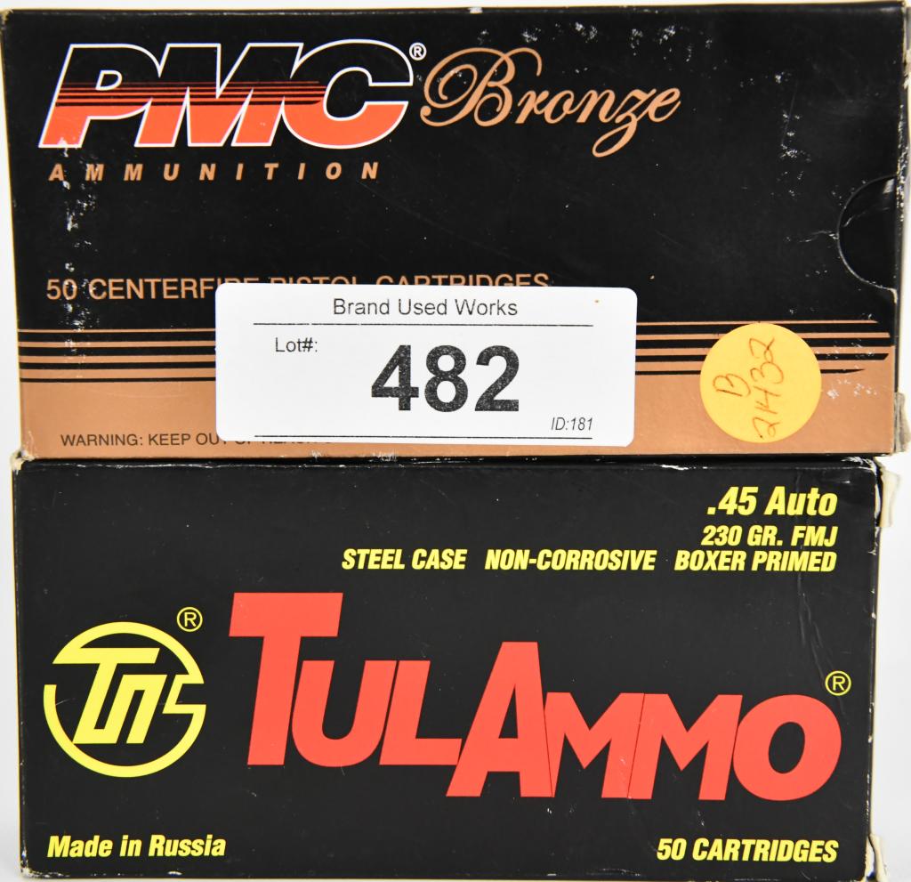 63 rds of .45 auto ammo PMC and Tulammo see below: one box is tulammo 50 rds Made in Russia .45 auto 230 grain FMJ steel case non corrosive boxer primed one box is 13 rds PMC Bronze .45 auto 230 grain FMJ ammo