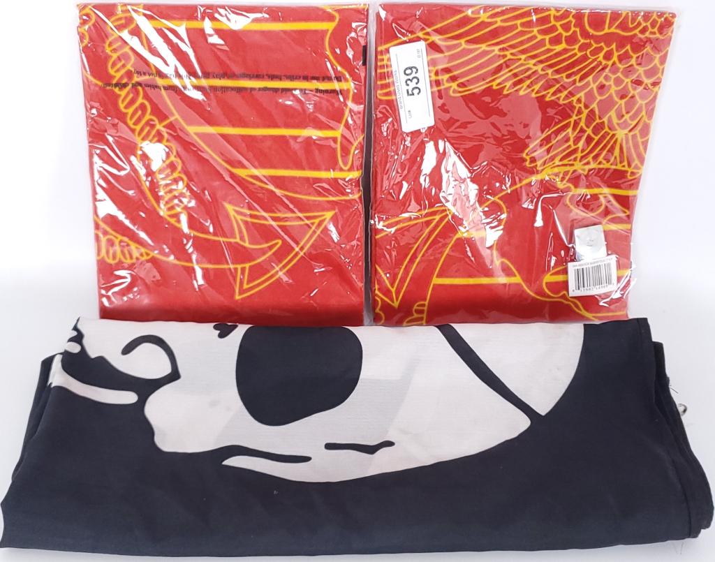 LOT of 2 NIP 1496 Red/YLW Marines Flag 3X5 ft: lot of 2 New in the package Red / yellow Marines Flag that are each 3 ft by 5 ft and one pre owned in nice condition : Rothco Jolly Roger Flag - 1436. Made of polyester. Great to use symbolically for 