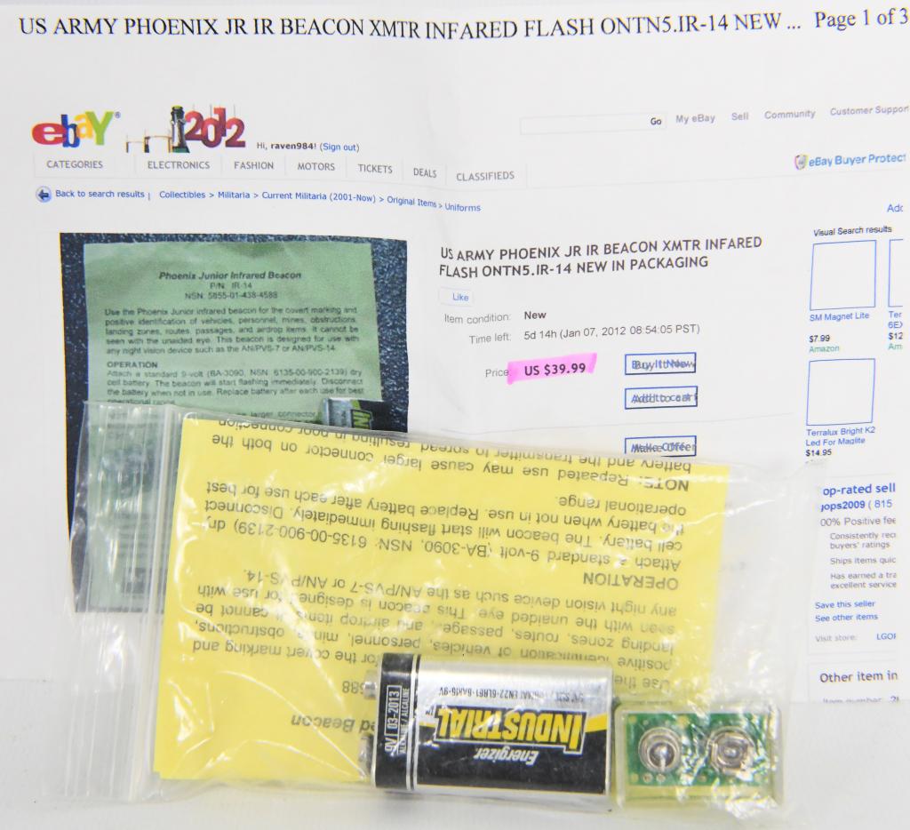US Army Phoenix Jr IR Beacon XMTR Infared Flash: ONTN5.IR-14 The Phoenix Jr. Infrared Beacon from Cejay Engineering, emits an IR signal that is visible at long range through a night vision device. This highly portable signaling unit flashes a consta