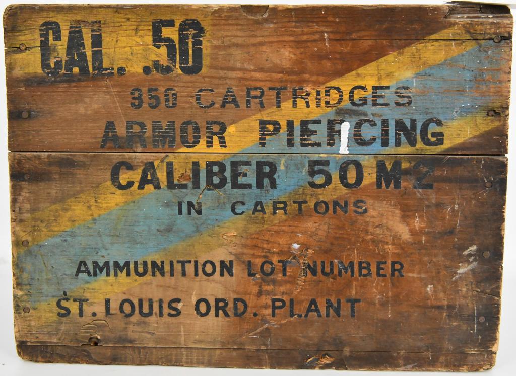 WWII 50 Caliber Armor Piercing M2 Crate St. Louis: Original U.S. WWII 50 Caliber Armor Piercing M2 Crate St. Louis Ord. Plant. Very Cool in Great Original Condition.
