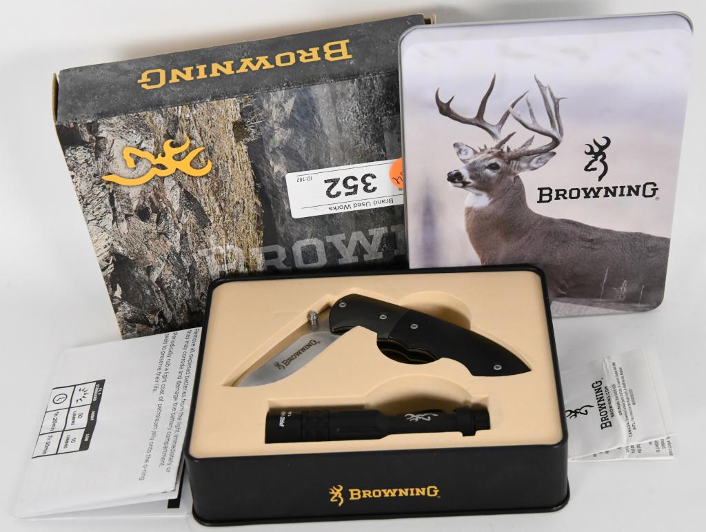 BROWNING Midway USA Light and Knife Combo Tin Set: great gift to your loved one! Browning Pro Hunter Knife and Light Combo kit in Gift Tin and Box. Folding knife with blade approx 2.5" in length flashlight comes with pocket clip and measures approx 3.
