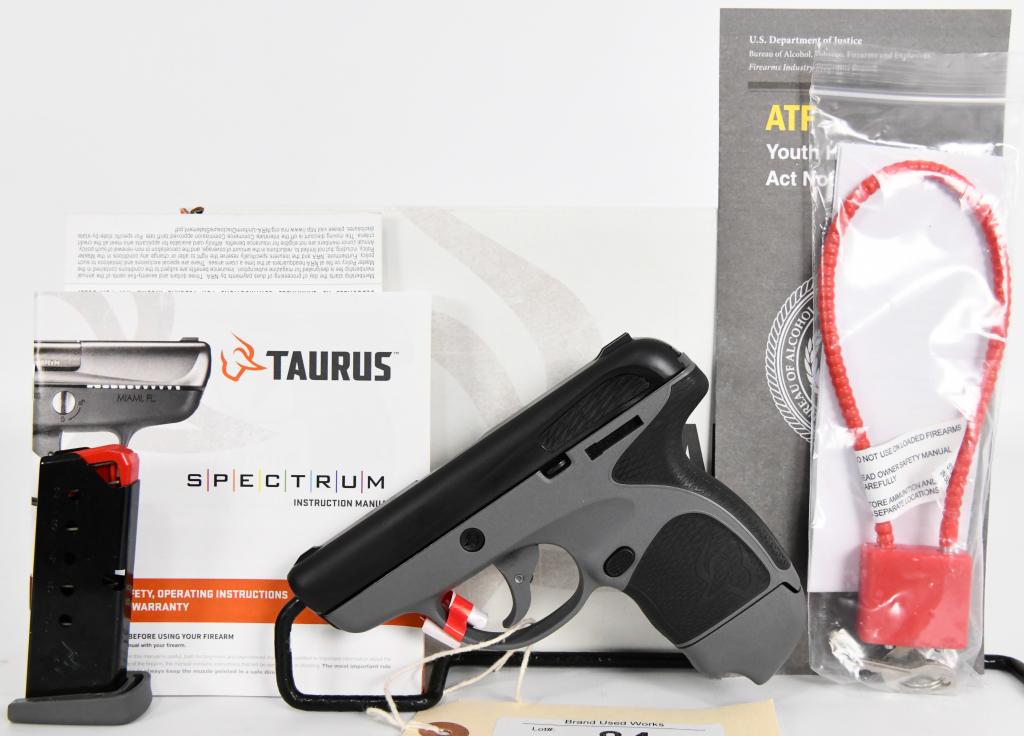 Brand New Taurus Spectrum .380 ACP Semi Auto: Up Next We Have a Brand New Taurus Spectrum .380 ACP Semi Auto Pistol With a 2.8" Barrel, Two Magazines one 6 rd, One 7rd, Polymer Frame Two Tone Black/Gray Finish. It Come Brand New in the Factory Bo