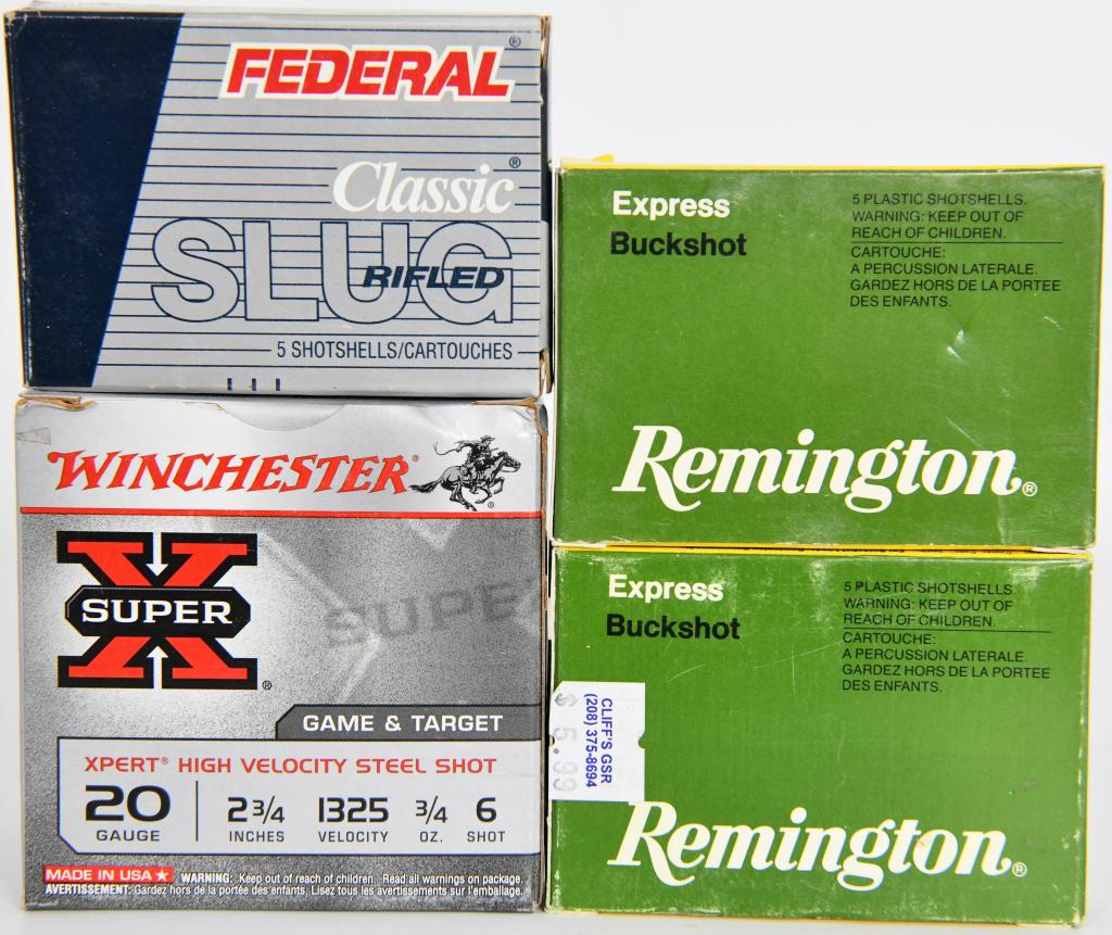 40 Rounds Of 20 Ga BuckShots & Slugs: Winchester 2 3/4" 3/4 OZ 6 Shot Federal 2 3/4" 3/4 OZ Remington 2 3/4" 3 BK 20 Pellets