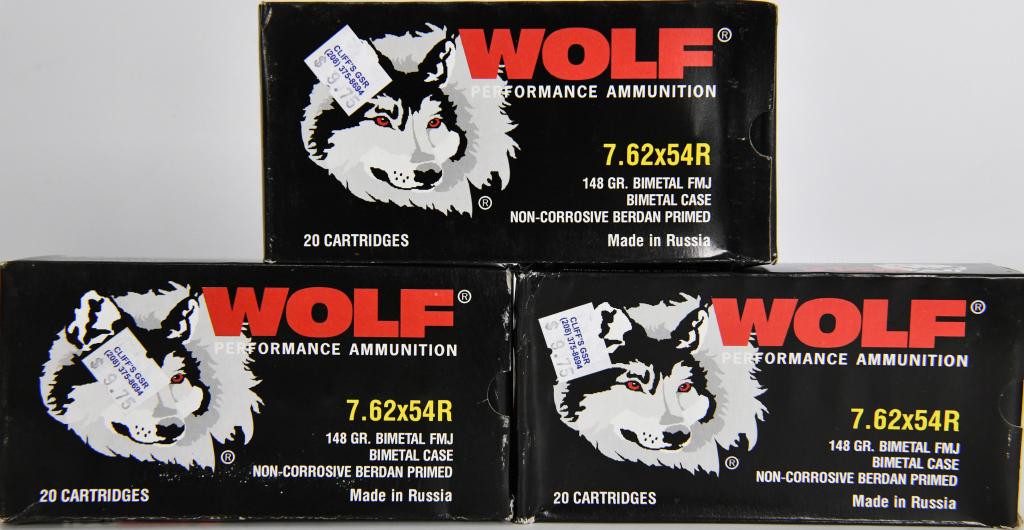 60 Rounds Of Wolf Performance 7.62x54R Ammunition: 60 Rounds Of Wolf Performance 7.62x54R Ammunition 148 GR Bimetal FMJ Non-Corrosive Berdan Primed Made in Russia