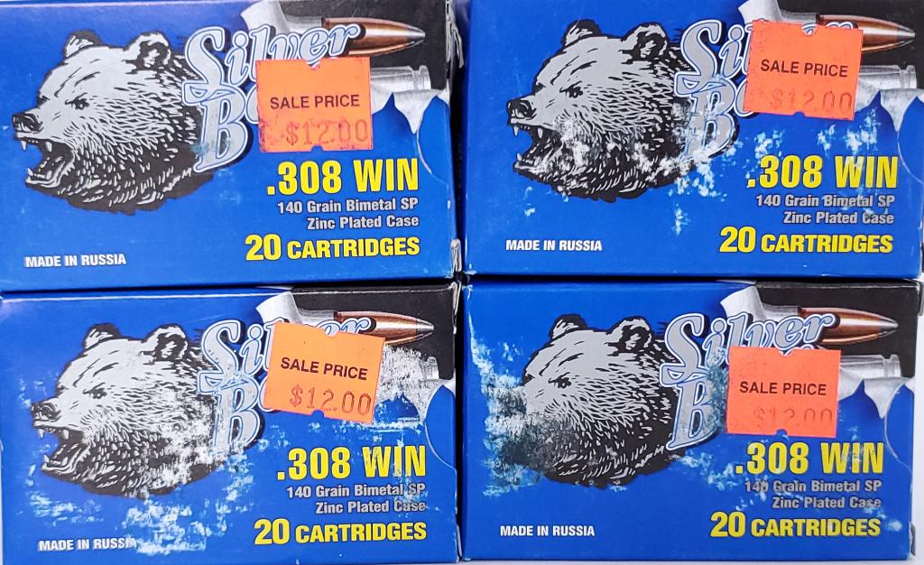 80 Rounds Silver Bear .308 Winchester Ammunition: 80 Rounds Silver Bear .308 Winchester Ammunition 140 Grain Soft Point Silver Bear's.308 Winchester rounds feature distinctive polished zinc plating on the steel case to reduce friction in the chamber 