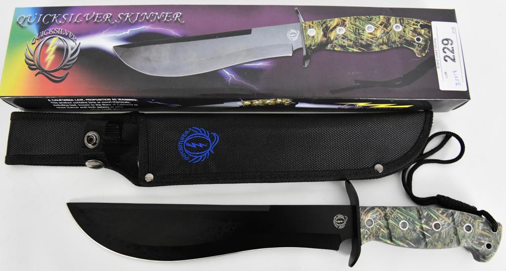 Frost Quicksilver Skinner Fixed Blade Knife: new in the package: Frost QS580CAC Quicksilver Skinner Fixed Blade Knife Frost Cutlery & Knives - Quicksilver Skinner Fixed Blade Knife. Model FQS580CAC. 15" overall. 10" black finish stainless blade.