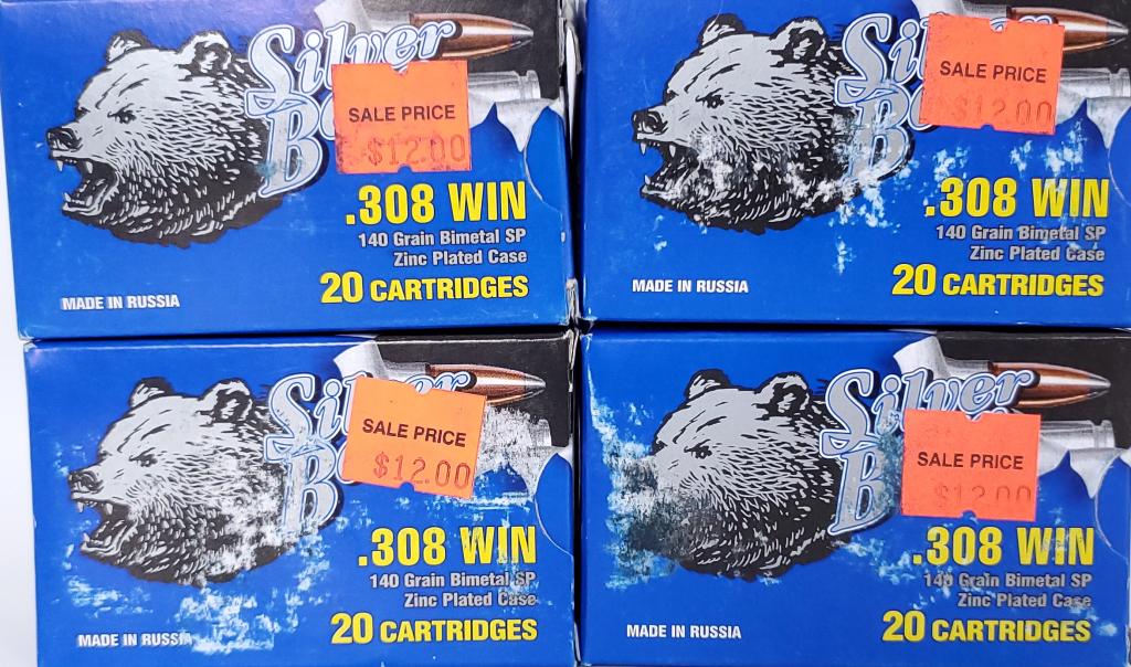 80 Rounds Silver Bear .308 Winchester Ammunition: 80 Rounds Silver Bear .308 Winchester Ammunition 140 Grain Soft Point Silver Bear's.308 Winchester rounds feature distinctive polished zinc plating on the steel case to reduce friction in the chamber 