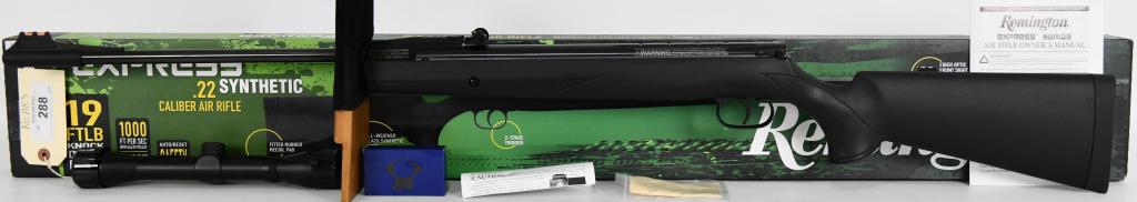 Brand New Remington Express Air Rifle 22 Cal Pel.: Up Next is a Brand New in The Factory Box Remington Express Air Rifle, .22 Caliber Pellet, Synthetic Stock, Black Barrel with 4x32 Scope. The Remington Express is a compact yet powerful air rifle whic