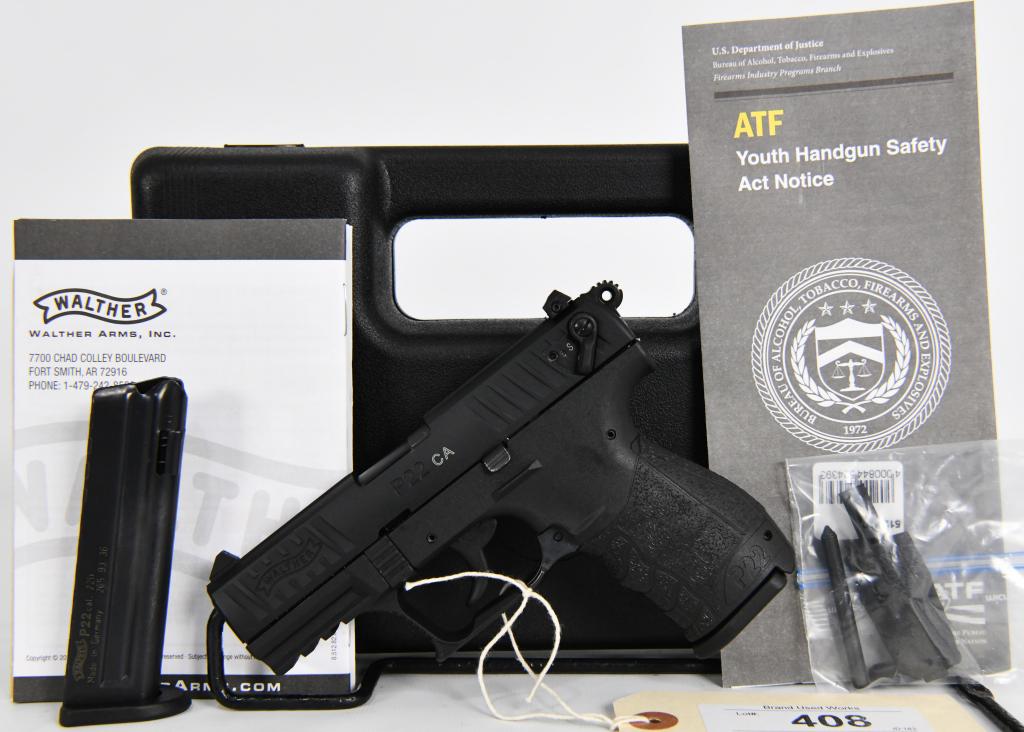 Brand New Walther Arms P22 CA .22 LR Pistol: Up Next is a Brand New Walther Arms P22-CA (California Compliant Model) Chambered in .22 LR, 3.42" Barrel, Two 10 Round Magazines, Black, And Comes in the Factory Hardcase with Extra Sights, Backstrap