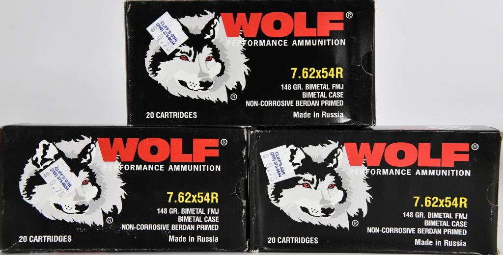 60 Rounds Of Wolf Performance 7.62x54R Ammunition: 60 Rounds Of Wolf Performance 7.62x54R Ammunition 148 GR Bimetal FMJ Non-Corrosive Berdan Primed Made in Russia