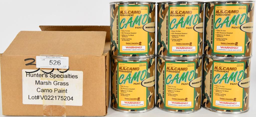 (6) cans Hunter's Specialties Camo Paint Marsh Gra: Lot of 6 cans of Hunter's Specialties Camo Paint Marsh Grass Color each can is one quart can: Camouflage Paint Easy to use, all purpose enamel, adheres to most surfaces, long lasting and colorfast, Ma