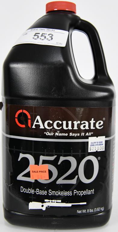 Accurate 2520 Rifle 8 lbs 1 Canister ACCURATE: Accurate 2520 Rifle 8 lbs 1 Canister ACCURATE Accurate 2520 is a medium burning, double-base, spherical rifle propellant designed around the 308 Winchester. 2520 is their “Camp Perry” powder and i