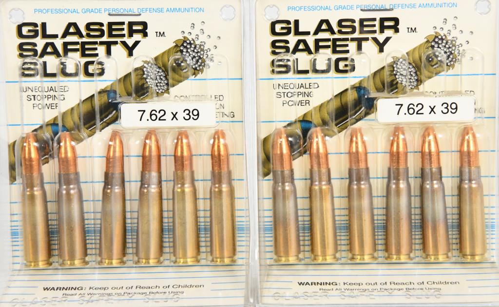 12 Rounds of Glaser Safety Slugs 7.62x39 Ammo: the Glaser Safety Slug® was designed in 1974 in response to the possibility of having to use a handgun on an airplane by the Sky Marshals . The concerns at that time were over penetration on soft tis