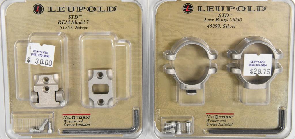 NEW Leupold STD Low Rings & STD Rem Model 7: Lot of 2 new packages: first package has: Leupold Standard Riflescope Ring, 1in, Low, Silver, 49899 — Finish: Silver, Attachment/Mount Type: Dovetail, Ring Height: Low, Tube Diameter: 1, Ring Type: 