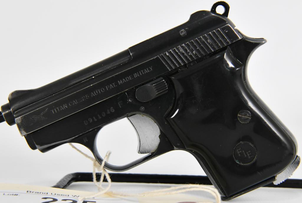 FIE Titan Semi Auto Pistol .25 Caliber: Up Next We Have a FIE Titan Semi Auto Pistol Chambered in .25 Caliber, Original Factory Plastic Grips, Comes With One Magazine, and Overall Good Pre-owned Condition. Make a Great Pocket/Vest Gun.