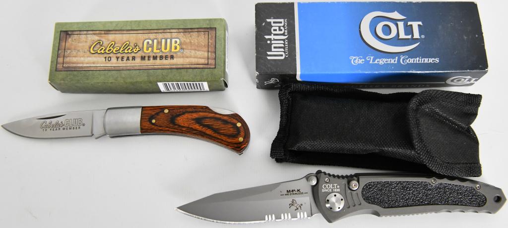 Lot of 2 New In the Box Folding Pocket Knifes Colt: Lot of 2 New In the Box Folding Pocket Knifes Colt United Colt Folding Knife New In the Box Colt M4-K Folder Gray Color Cabelas 10 Year Member Knife New In the Box
