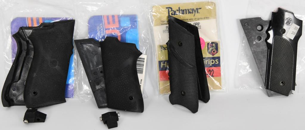 (4) various Grips S&W Hogue and Pachmayr see below: one package is Hogue and fits S&W copact 3900 series for model 3913 single stack magazine decocker on slide, made of soft rubber with nice gripping design one package is Smith & Wesson Grips does not