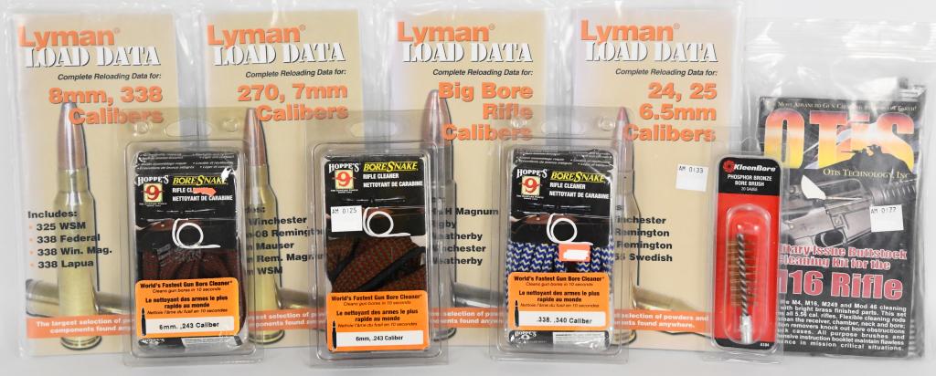 Lot of NIP Hoppes Cleaning Bore Snakes & Cleaning: Lot of NIP Hoppes Cleaning Bore Snakes & Cleaning Kits , For ,6mm,.243,.338,& 340 Calibers Also Comes With Full Otis M16 Cleaning Kit & 4 Lyman Load Data Books For Big Bore ,8mm,.338,270,7mm,24,25,6.5
