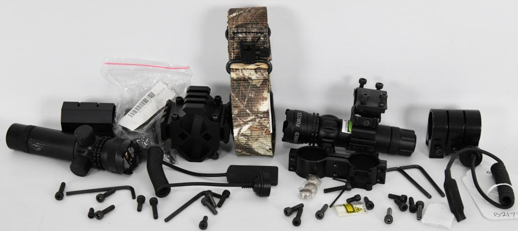Large Lot of Various Scope Rings & Flash Light: Large Lot of Various Scope Rings & Flash Light Mounts & Laser & Mossy Oak Color Sling With Mounting Parts