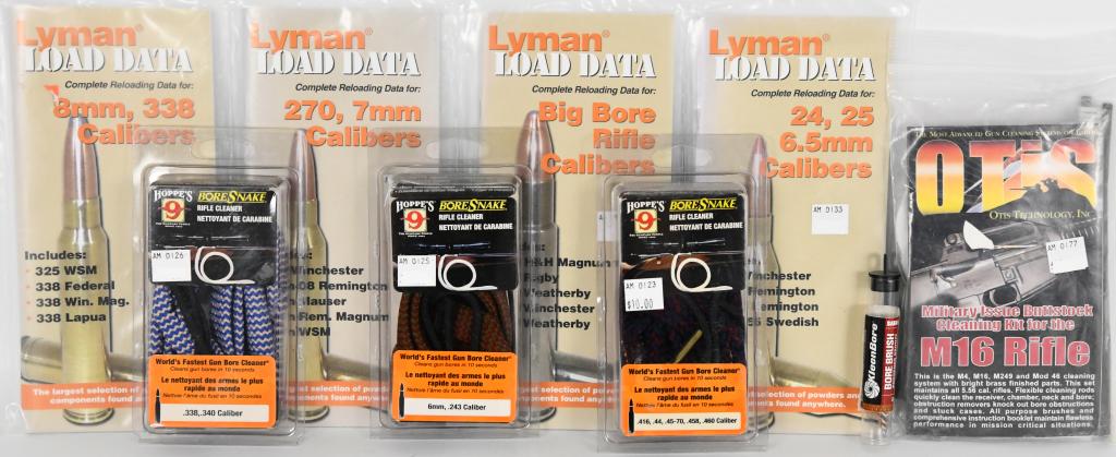 Lot of NIP Hoppes Cleaning Bore Snakes & Cleaning: Lot of NIP Hoppes Cleaning Bore Snakes & Cleaning Kits , For .416,44,45-70,458,460,6mm,.243,.338,& 340 Calibers Also Comes With Full Otis M16 Cleaning Kit & 4 Lyman Load Data Books For Big Bore 8mm,.3