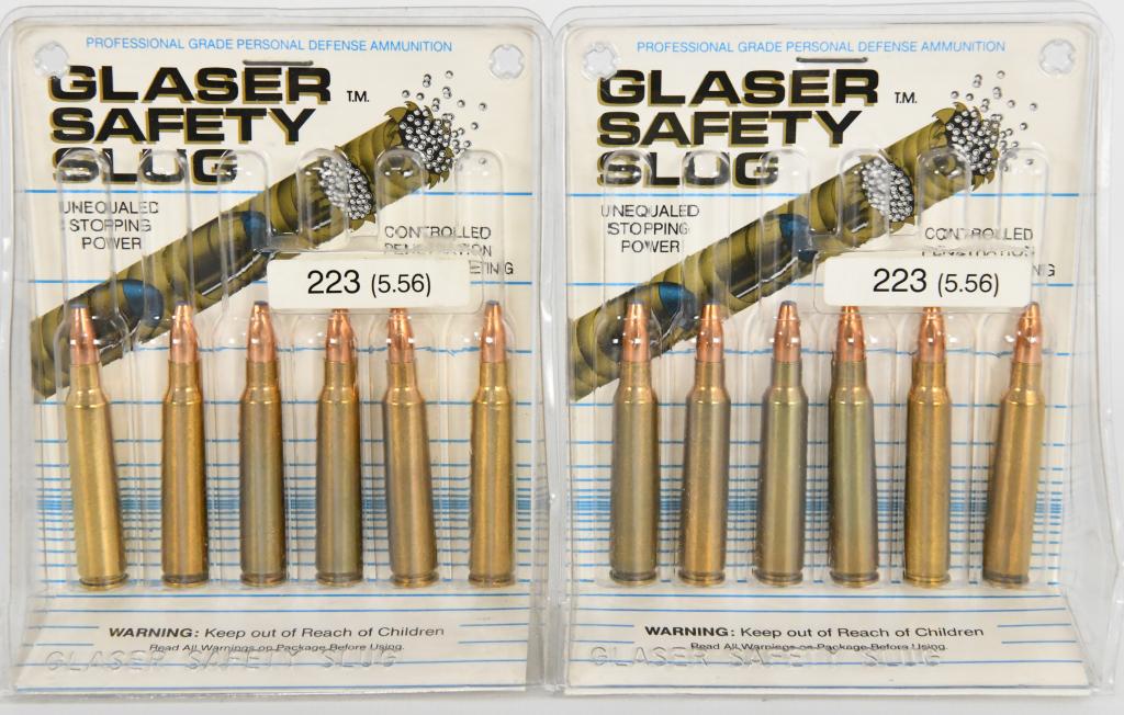12 Rounds Of .223/5.56 Glaser Safety Slug Ammo: Up Next is 2 Factory Sealed packages of 6 Round Each for a total of 12 Rounds Of .223/5.56 Glaser Safety Slug Ammo the Glaser Safety Slug® was designed in 1974 in response to the possibility of havin