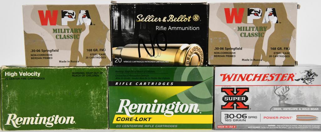 120 Rounds Of .30-06 Springfield Ammunition: 120 Rounds Of .30-06 Springfield Ammunition , 40 Rounds Are Remington Core-Lokt SP 220 GR & 180 GR , 20 Rounds Are Winchester 165 GR Power Point , 40 Rounds Are WPA Military Classic 168 GR FMJ & 20 Ro