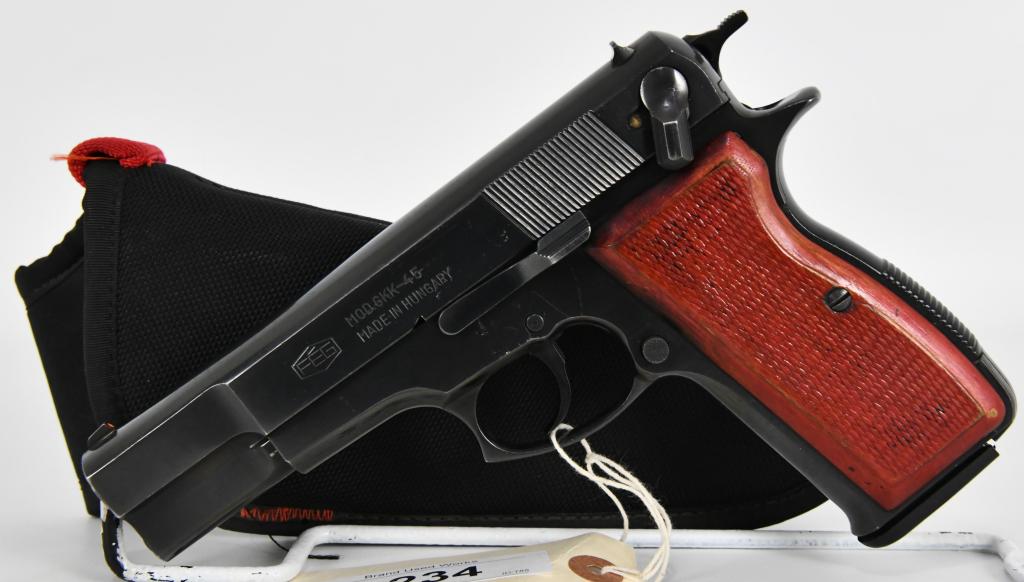 KBI Hungarian FEG Model GKK-45 Semi Auto Pistol: Up Next We Have a FEG GKK-45 chambered in .45 ACP. This is a Hungarian made Smith and Wesson 39 lookalike, but in .45. This pistol is a double action, single stack, fixed sight gun with wood grips and