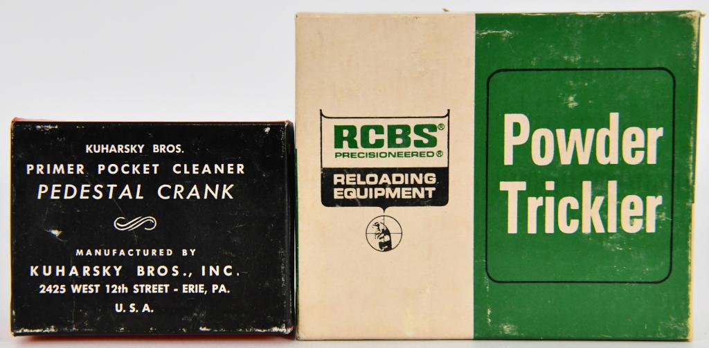 RCBS Powder Trickler & Kuharsky Bros Primer Pocket: This lot contains New old stock RCBS Powder Trickler in the box, and a Kuharsky Bros Primer Pocket Cleaner Pedestal Crank...you don't see these every day! NEW old stock ready for your work station!