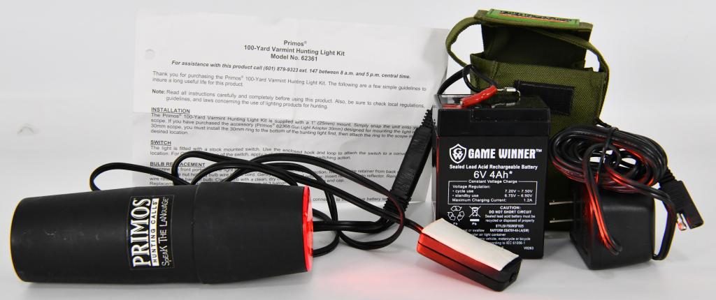 Primos Varmint Hunting Light Nightblaster 100 Yd: This light produces a 100 yard beam with its quartz halogen bulb and will fit onto 1" scopes. It runs on a rechargeable 6 volt battery and includes a 110 volt battery charger. Battery life is around 4