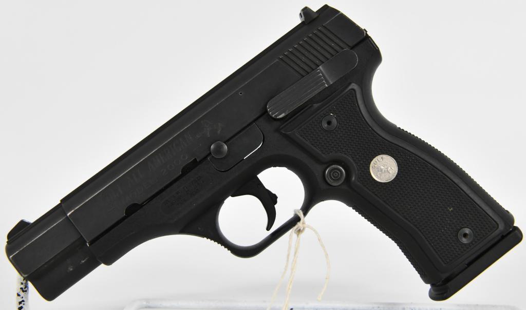 Colt All American Model 2000 Semi-Auto 9MM Pistol: Up Next We Have a Colt All American Model 2000 Semi-Auto Pistol Chambered in 9MM, Comes With One Factory Magazine, Fixed three dot sights, with the standard markings on the frame and slide, checkered 