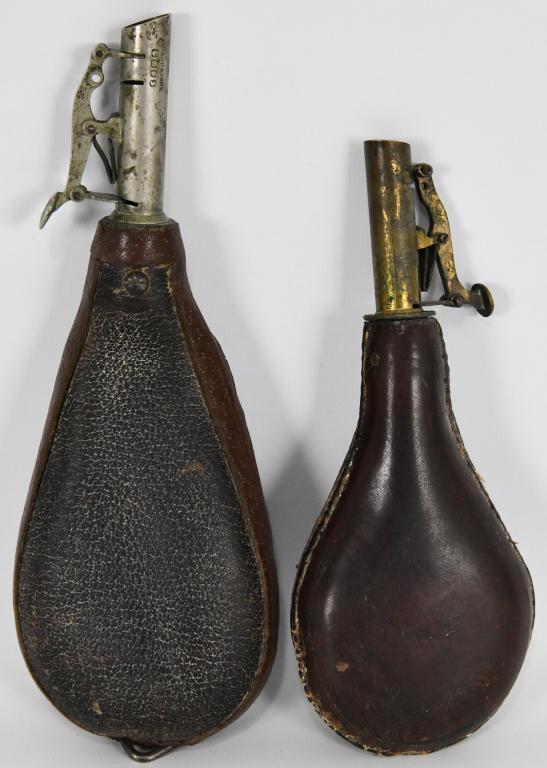 Antique 19th Cent. Dickson & Sons Civil War Flask: Antique 19th Century Original Dickson & Son Civil War Era Leather Shot Flask with what appears sterling silver top which is marked Dickson & Sons and also marked oz 1 1/4 and 1, overall condition is s