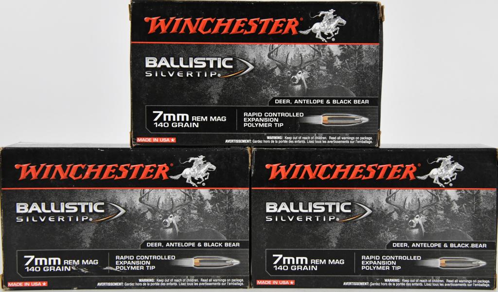 60 Rounds Of Winchester Supreme 7mm Mag Ammo: 60 Rounds Of Winchester Supreme 7mm Mag Ammo This 7mm Remington Magnum Ballistic Silvertip hunting ammo from Winchester's Supreme line has a clever tipped 140 grain Hollow Point launched at 3100 fps.