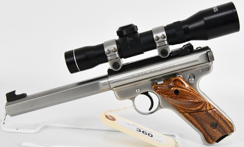 Ruger Mark II Competition Target Pistol .22 LR: Up next is a NICE Ruger Mark II Stainless Competition Target Pistol that comes With One factory magazine, Laminated Target Grips for a Right Handed Shooter, And Topped WIth a Tasco 2X22 Scope. This pi