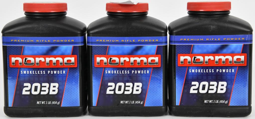 Lot of 3 1lb Bottles Norma 203B Smokeless Powder: Lot of 3 1lb Bottles of Norma 203B Smokeless Powder - The shooter using Norma powder can safely trust that loading data, pressure, velocity and accuracy are maintained at the same high level from lot 