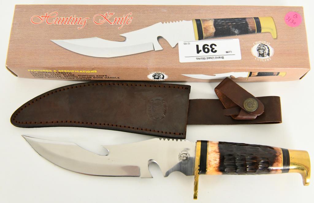 Hunting Knife Chipaway Cutlery w/ Leather Sheath: Lot contains A Hunting Knife by Chipaway Cutlery, which has a 12" overall length, surgical steel blade, Brass Bolster, Brown color Bone Handle which comes with a Leather Sheath