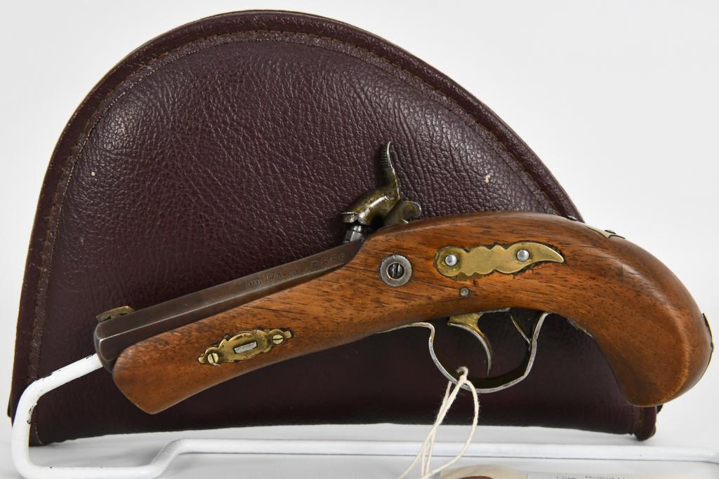 Markwell Arms .41 Cal B.P Derringer Pistol: Up Next We Have a Markwell Arms.41 Caliber Black Powder Derringer With Walnut Stock, 3 1/2" Barrel, In Overall Good Vintage Condition. No Background Check Required. Comes in Padded Soft Case.