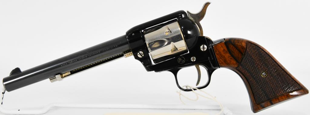 Colt S.A. Frontier Scout Golden Spike .22 LR: Up Next We Have a Colt Golden Spike Commemorative Frontier Scout Single Action Revolver Chambered in .22 LR In Pre-owned Condition. 6" round barrel, Serial #9796GS. Single-line Colt Hartford address o
