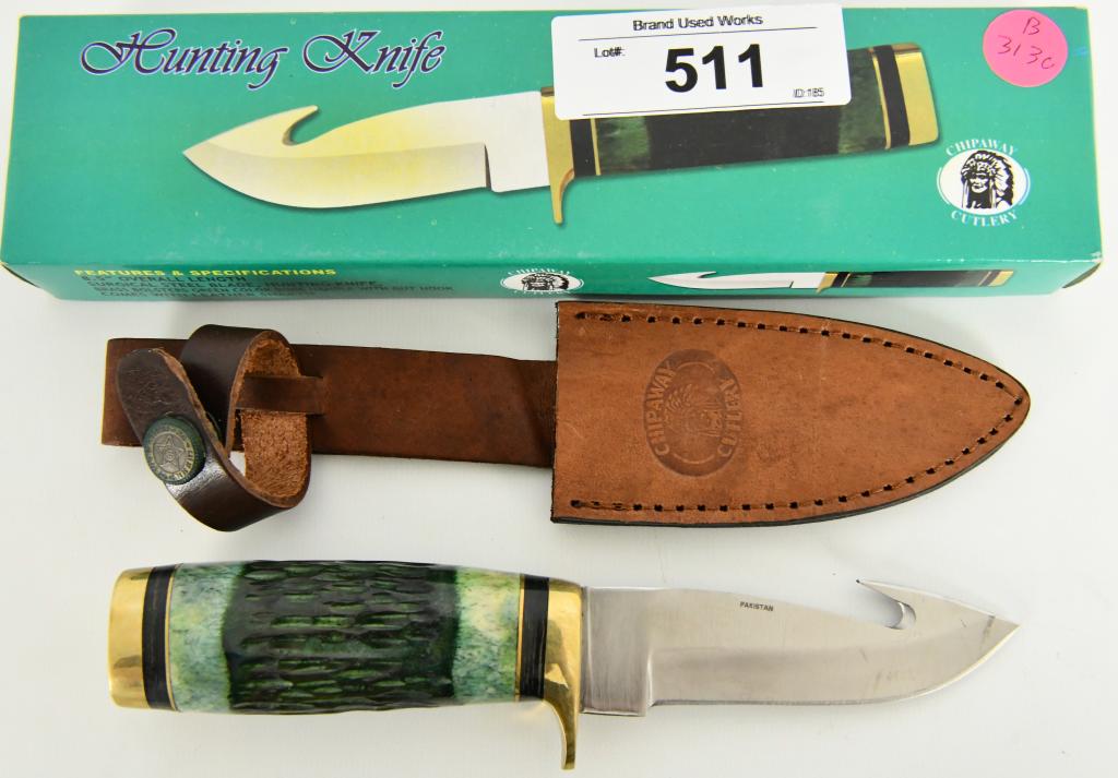 Hunting Knife Chipaway Cutlery w/Leather Sheath: Chipaway Cutlery Hunting knife with Leather sheath - 8.5" Overall length, surgical steel blade, gunting knife, Brass Bolsters green color Bone Handle with gut hook, comes with leather sheath