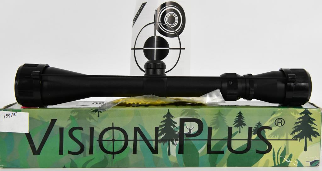 VISION PLUS 4-12X40 RIFLE SCOPE: VISION PLUS 4-12X40 RIFLE SCOPE Vision Plus Riflescope 4-12x40 *Wide Field View *Shock and Recoil Proof *Fully Coated Lenses *Fog and Water Proof SPECIFICATIONS: Category: OPTICS - SCOPES Magnificatio