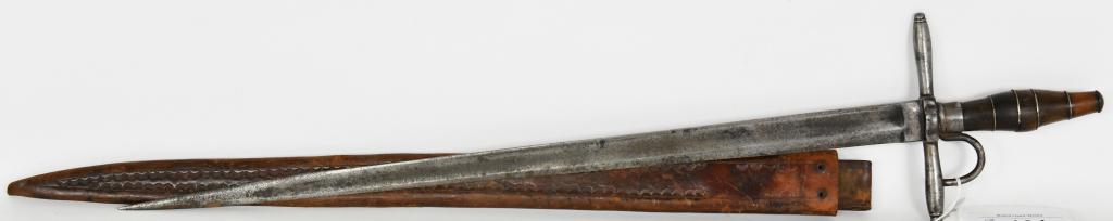 Antique Very Old Rare Sword: Antique Very Old Rare Sword Unsure Of Where It Came Frome Please See Picture For Details , Has Wood Handle & Hand Stitched Leather Scabbard Blade Measures 21" Long