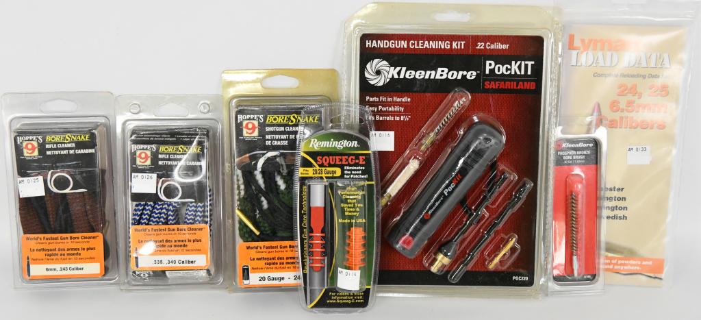 Large Lot of New Gun Cleaning Supplies: Large Lot of New Gun Cleaning Supplies , 3 New in Package Hoppes Bore Snakes For ,6mm , .243, .338, .340, & 20 Ga, NIP Remington 20/28 Ga Squeege , Kleenbore Bore Brush For .30 Cal / 7.62 mm NIP, Klee