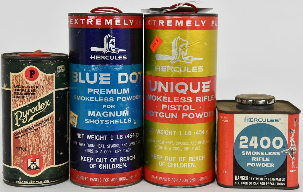 Lot of 4 Vintage Gun Powder & Bottles: Lot of 4 Vintage Gun Powder & Bottles This Lot Includes Hercules 2400 Smokeless Rifle Powder , Hercules Unique 1 Lb .454 Gr , Very Rare Pyrodex 454 Gr Pistol Gun Powder , & Hercules Blue Dot Premium M