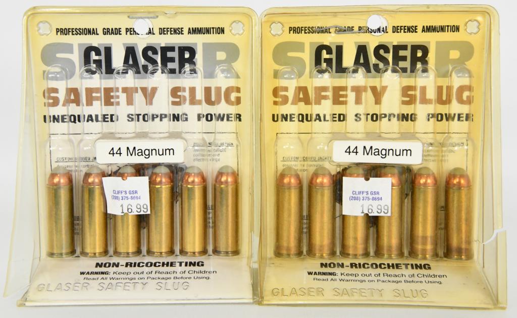12 Rounds Of Glaser Safety Slugs .44 Magnum: the Glaser Safety Slug® was designed in 1974 in response to the possibility of having to use a handgun on an airplane by the Sky Marshals . The concerns at that time were over penetration on soft tis