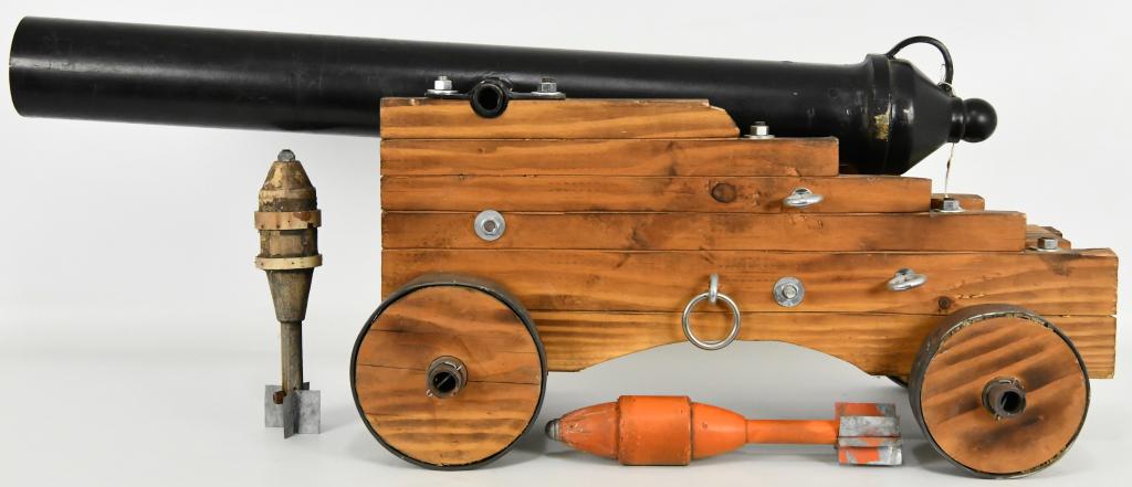 Large Signal Cannon With 2 Launcher Rockets: Up Next We have a Large Signal Cannon on Carrige That is Very Nicely Done. This is Not Lightweight, and is the real deal! Very Cool Piece in Excellent Condition, Bore Measures 2 3/16" Barrel Measures