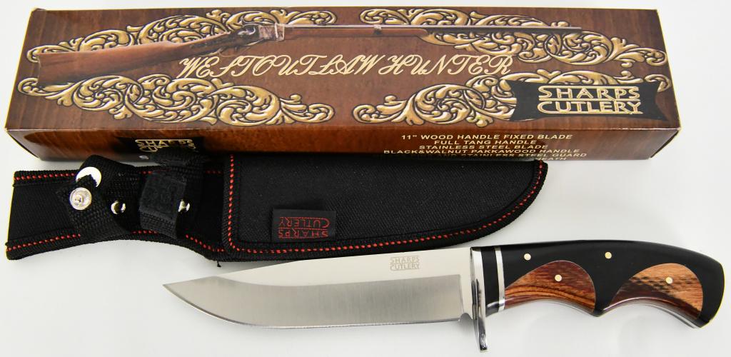 NEW FROST CUTLERY SHARPS CUTLERY HUNTER knife: FROST CUTLERY SHARPS CUTLERY HUNTER PAKKAWOOD HANDLE STAINLESS STEEL BLADE The Sharps Cutlery Hunter by Frost Cutlery features a black and walnut pakkawood handle paired with a stainless steel blade. 