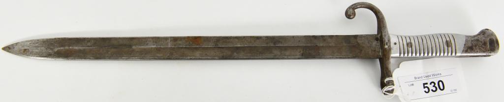 WWII Era M1891 Argentina Bayonet: An early bayonet. Marked Argentina Model for an M1891 carbine. In overall good condition. The detach button is working. Measures 20 1/2" Also Has Marked P879