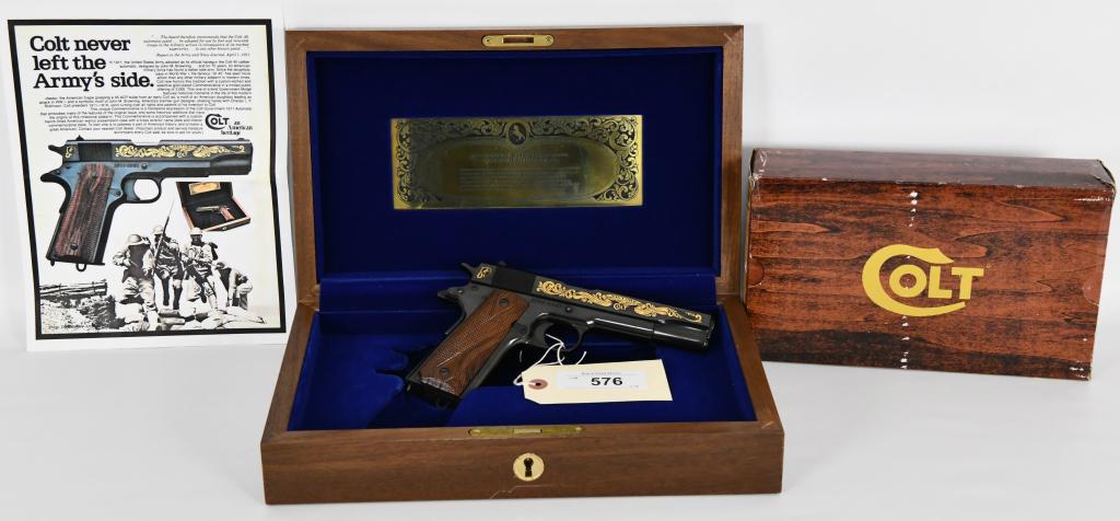 Colt John Moses Browning Commemorative M1911: Up Next We Have a Beautiful Unfired Colt John M. Browning Commemorative Model 1911 Semi-Automatic Pistol in Wood Presentation Case, Also Comes with the Factoyr Brown Paper Box and Paperwork. 70 Series