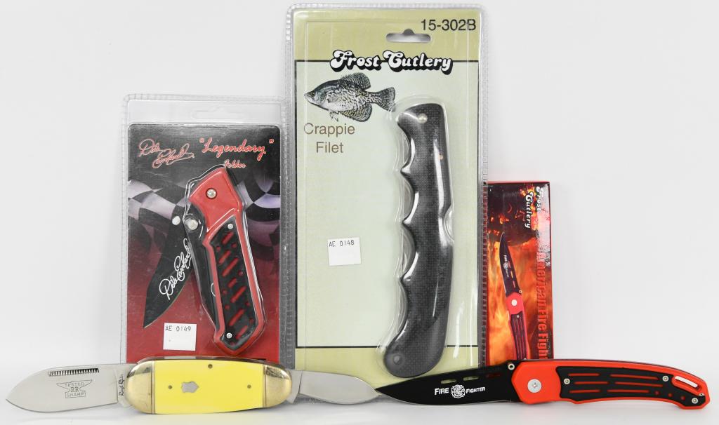 Lot Of 4 Frost Cutlery & Misc Knifes: Frost Cutlery Legendary Folder Knife, Frost Cutlery Germ Made Stianless Steel Folding Knife & Smith & Wesson Folding Knife Frost Cutlery Crappie Filets New