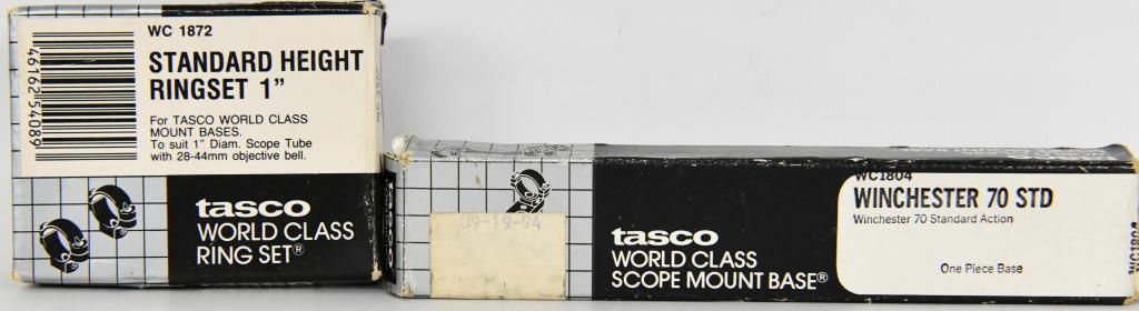 Lot Of 2 Tasco Scope Rings & Scope Base: Lot Of 2 Tasco Scope Rings & Scope Base In Original Boxes , This Lot Includes 1 Standard Height Ringset For 1" Scope Tubes & Tasco World Class Scope Mount Base For Winchester Model 70